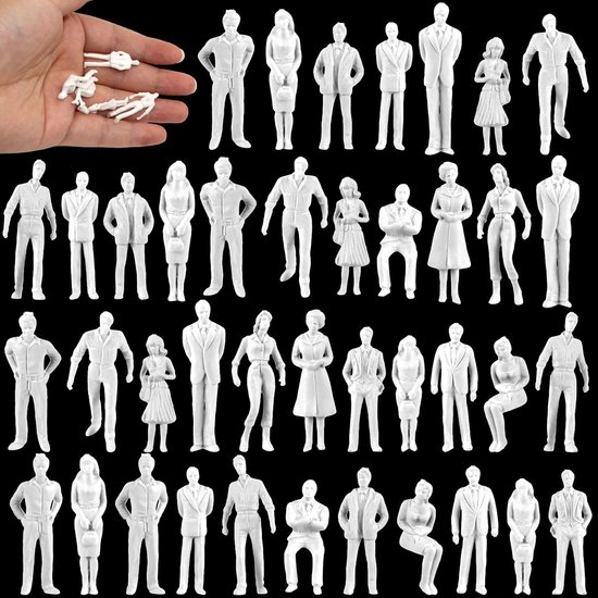 50 stuks schaal 1:50 staande en zittende onbeschilderde witte mensenfiguren, kleine modellen van mensen voor miniatuurscènes, verschillende figuren voorbijgangers, willekeurig geselecteerde
