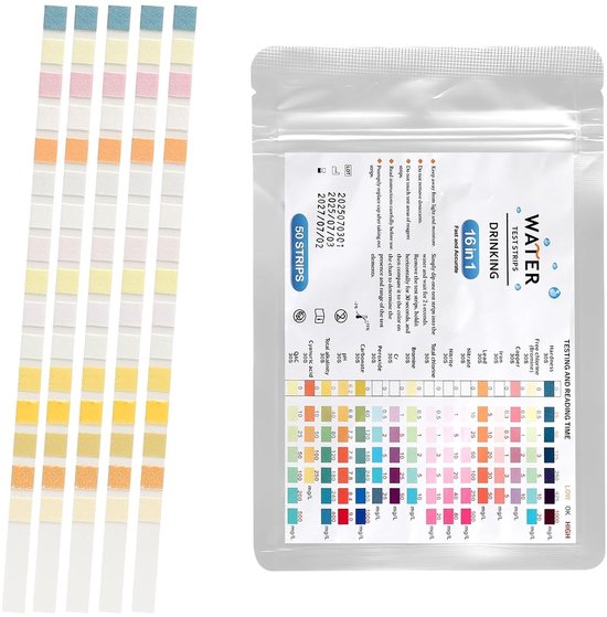 50 x 16 in 1 Teststrips voor Drinkwater, Waterhardheid, PH, Lood, IJzer en Koper meten, Ideaal voor Kraanwater en Aquariums