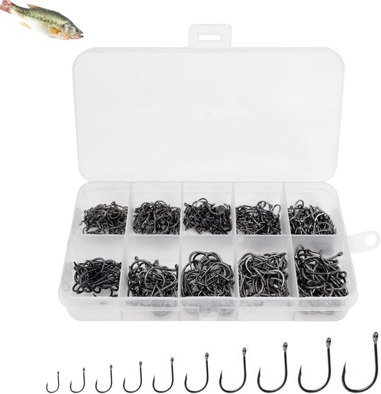 500 stuks - Set kleine vishaken - Accessoires voor zoetwatervissen - Accessoires voor buitenvissen - Zwarte vishaken van hoogwaardig koolstofstaal - Vishaken met opbergdoos - 10 maten vishaken - Geschikt voor zoet- en zoutwatervissen van Merkloos