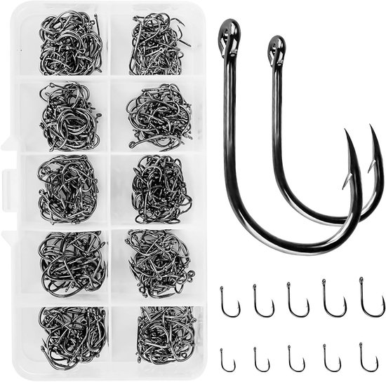 500 Stuks Vis Haak Set (10 Maten: 3# - 12#) van Koolstofstaal, Roestvrij en Inclusief Plastic Opbergdoos voor Visaccessoires
