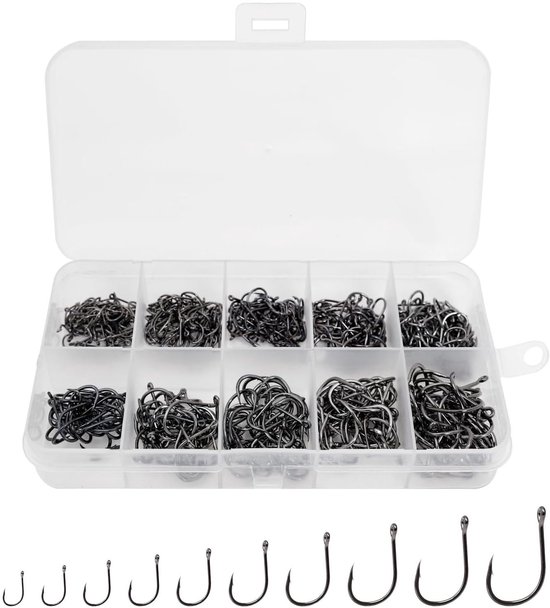 500-stuks Vishaken - Kleine vishaken - Vishaken van koolstofstaal - Haken van koolstofstaal met oogje - Vishaken met weerhaak - 10 maten - Verpakt in een plastic doos - Geschikt voor het vissen met aas op meerval, forel en andere vissen - Zwart van Merkloos