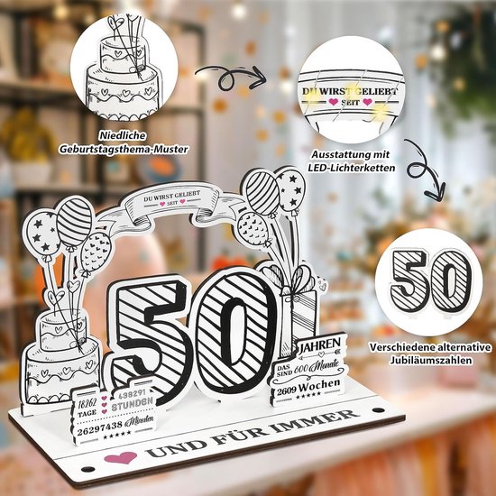 50e verjaardag geldgeschenken hout met LED-lichtketting