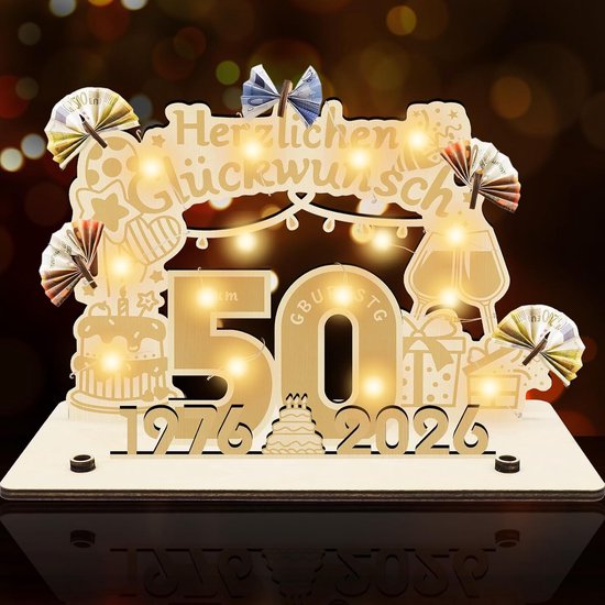 50e verjaardag vrouw cadeau mannen, 2026 geldgeschenken | Verjaardagsbord van hout, gastenboek met led-lichtsnoer, gepersonaliseerd cadeau voor de 50e verjaardag van de man