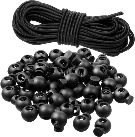 50pcs Plastic Cord Locks - Single Hole Spring Toggle Stoppers - Knots Fastening Slider - Black Round Elastic Drawstring Locks - 3 Feet Elastic Bungee Nylon Shock Cord van Merkloos