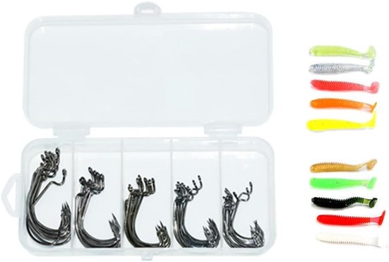 50pcs Vissen Haken - 10pcs Zachte Vissnoeren - CuiCanfla Barb Haken Set met Plastic Doos - Visspullen voor Zoutwater en Zoetwater van Merkloos