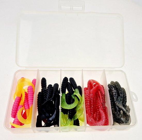 50x Twister enkel 7,5cm - 3 inch assortiment A in diverse kleuren uit Amerika in een tackle box van Berkley