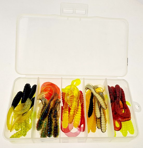 50x Twister enkel 7,5cm - 3 inch assortiment B in diverse kleuren uit Amerika in een tackle box van Berkley
