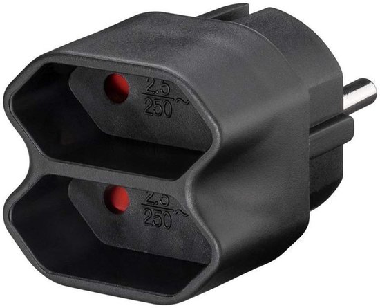 51002 Stopcontactadapter op 2-weg Euro Vrouwelijk, Dubbele stekker, Multistekker, Meervoudige stekker, Zwart