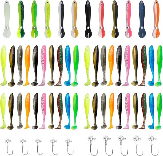 55 pieces with 10 jig heads, fishing hooks, lures for trout, perch, zander