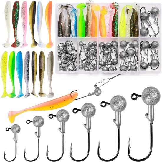 58 Stuks Rubber Vissen Jigkoppen in 6 Maten voor Zoet- en Zoutwater, Ideaal voor Baars en Andere Vissen met Realistische Softbaits van Merkloos