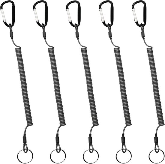 5pcs Coiled Fishing Line - Elastic Safety Cable Wire - Steel Anti-Lost Spiral Safety Cable with Carabiner - Prevents Loss of Keys Pliers and Fishing Tools - Zwart van Merkloos