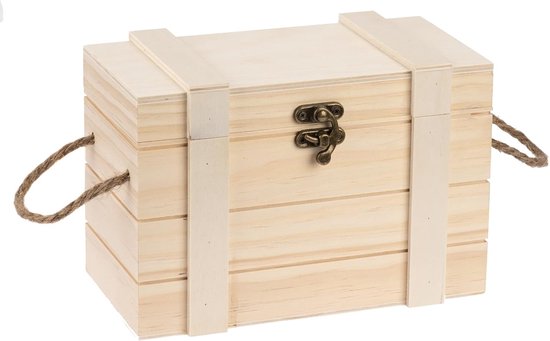 6 2003 359 - Schatkistje van dennenhout met handgrepen en slot, ca. 21 x 11 x 11,5 cm groot, voor het versieren en opbergen van sieraden