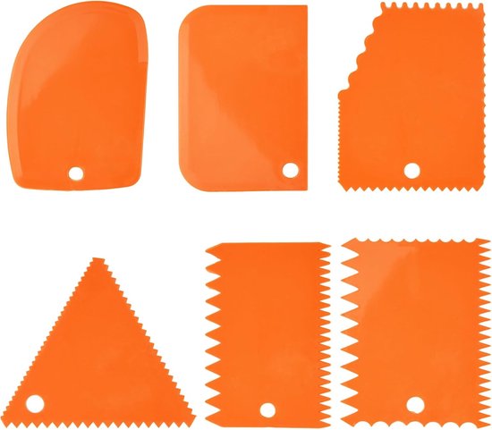 6-delige plastic kleikrabber, deegkrabber, taartkrabber, getande spatel, taartglansmiddel en deegspatelset voor het maken van taarten, gebak, glazuur en chocolade (oranje)