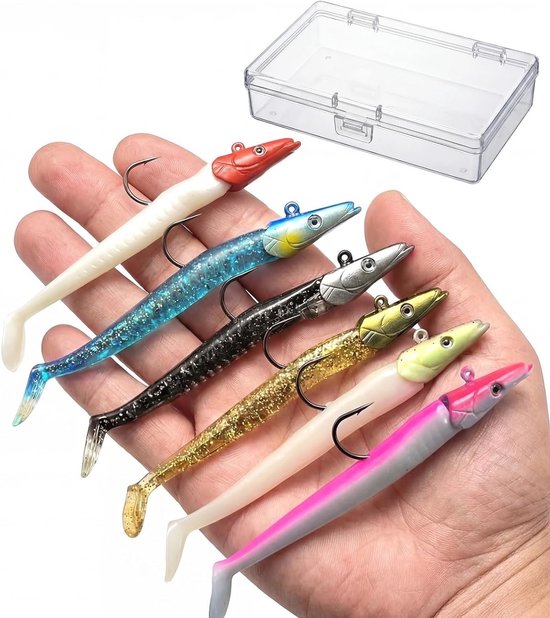 6-delige rubberaas set met jigkop, ideaal voor snoekbaars, forel en baars - effectief kunstaas voor zoet- en zoutwater vissen (12 cm) van Merkloos
