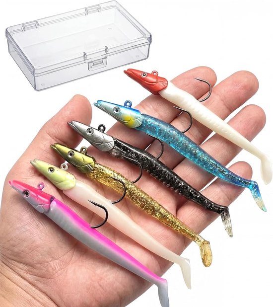 6-delige rubberen aas set met jigkop, ideaal voor het vissen op snoek, forel en baars - geschikt voor zoet- en zoutwater (12 cm)