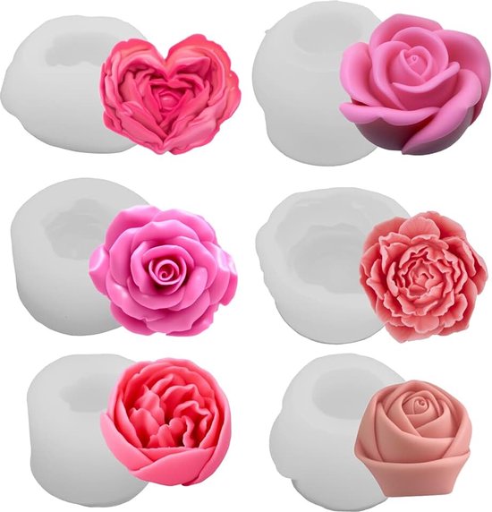 6-delige siliconen kaarsvormset, 3D fondant siliconen vorm met rozenblaadjes, geschikt voor zeep, kaarsen, cake, snoep en desserts