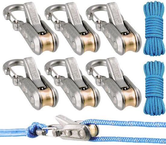 6-delige touwspanner met rollers - Robuuste paracord-spanner - Knooploos touwbevestigingsgereedschap - Met intrekbare gesp en accessoiretouw - Geschikt voor kamperen, klimrekken, varen en het vastmaken van outdoor-uitrusting van Merkloos
