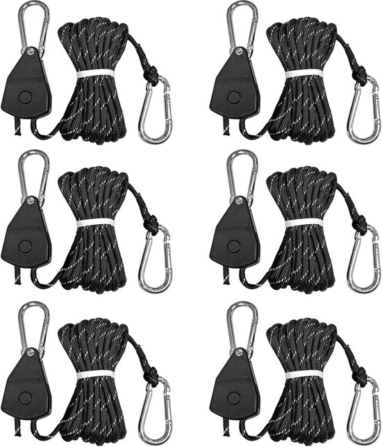 6-delige touwspanner met rollers - Touwratel - Robuuste paracord-spanner - ca. 4 meter - Ratel - reflecterend paracord - Verstelbare ratel - Knooploos touwbevestigingsgereedschap - touw met roller spanner - voor tent, zeil en buitenuitrusting