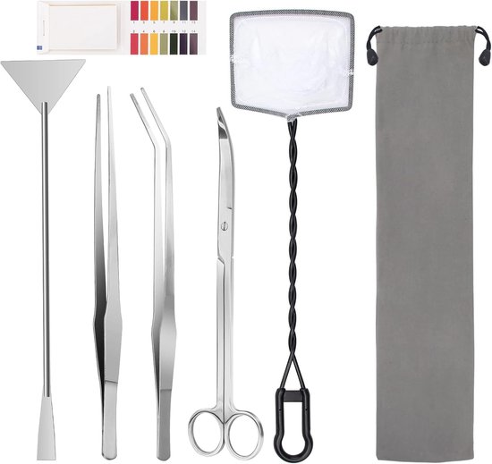 6-in-1 Aquascaping-tool voor waterplanten, roestvrij staal, zilver, pincet, schaar, spatel voor aquarium, schoon aquascaping-gereedschapssets met visnet, 80p PH-papier (zilver)