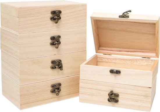 6 kleine houten kisten met deksel, 15 x 10 x 5 cm, onbewerkte houten kist, rechthoekig, decoratief, met metalen sluiting, voor knutselwerk en schilderen