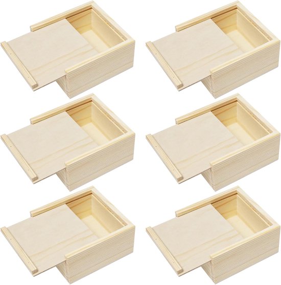 6 kleine houten kisten met schuifdeksel, 10 x 10 x 5 cm | Houten kisten, onbewerkt, vierkant, decoratief, voor knutselwerk en organizer
