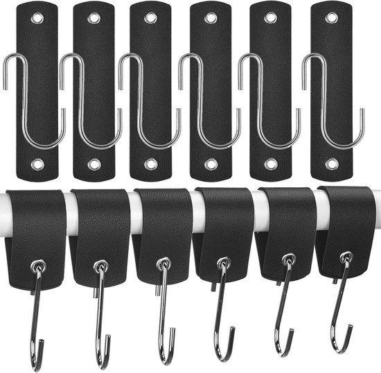 6 Pcs Leather S Hooks, S Hooks with Leather Stripes, Stainless Steel, Large Black S Hooks, Kitchen Hooks for Hanging - ShopVlot