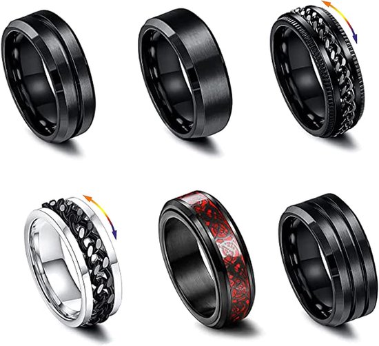 6 pcs spinner rings black for men women mens rings spinner stainless steel mens black stainless steel anti-stress ring - ShopVlot