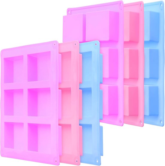 6 stuks 6-cavity zeepvormen, rechthoekige siliconen vormen, zelfgemaakte zeepvormen voor doe-het-zelf, bakken, biscuit, ijsblokjes, handwerk, (roze + blauw + paars)