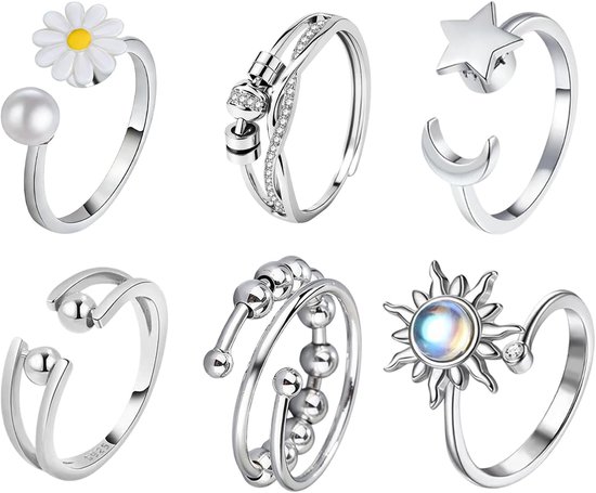 6 stuks angstring, zilveren ring, Anxiety Flow, verstelbare opening met kralen, hypoallergeen, geschikt voor mannen en vrouwen