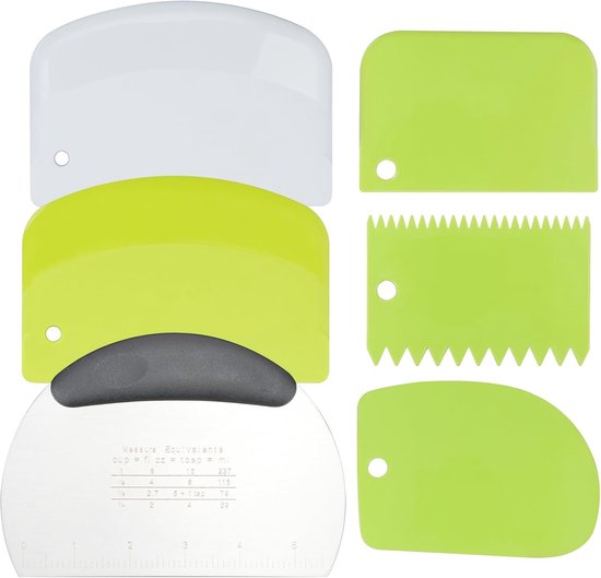 6 stuks deegschraperset, 1 stuk roestvrijstalen koekensnijder met handvat en meetweegschaal, 5 stuks flexibele plastic pizza snijder voor cake, brood, keuken, bakaccessoires