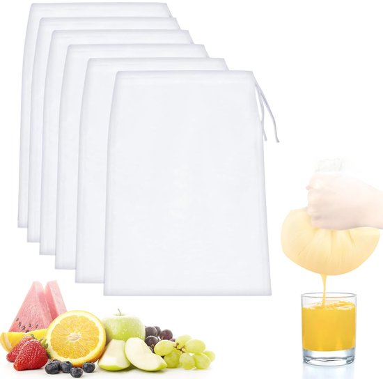 6 stuks kaasdoekzakjes met trekkoord, sapfilterdoek, wasbare filterzak, herbruikbare fijne gaasfilterzak, 20 x 30 cm, voor koken, jam maken, yoghurt, notenmelk en het zeven van voedsel
