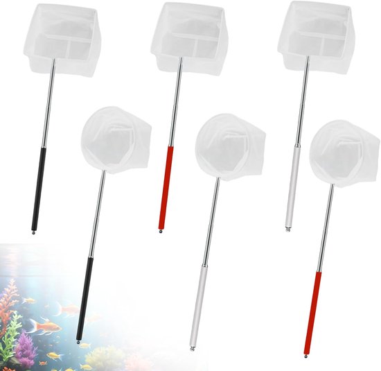 6 stuks klein schepnet voor aquarium, 6,5/8 cm, klein garnalennet, visnet met antislip rubberen telescoopsteel, rond/vierkant, aquariumaccessoires voor vijver, visbekken, kleine zwembaden
