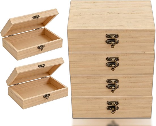 6 stuks kleine houten kist met deksel: 15 x 10 x 5 cm onbehandelde houten kisten met vergrendelingsluiting, natuurlijke kleine houten kist met deksel voor sieraden, aandenken, doe-het-zelf