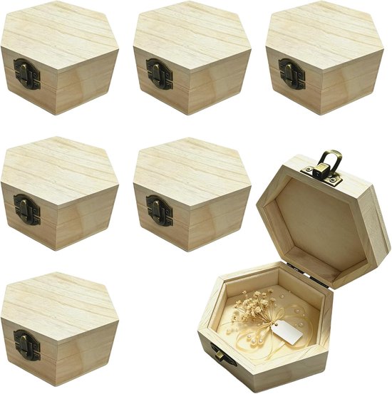 6 stuks kleine houten kist met deksel, sieradendoos van hout, klein, schatkist van hout