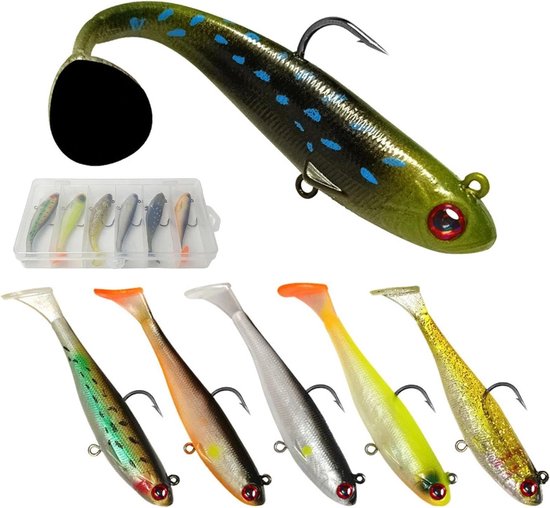 6 stuks kunstaas set met softbaars en jigkop, ideaal voor snoekbaars, forel en baars in zoet en zoutwater, perfect voor vissen en hengelsport.