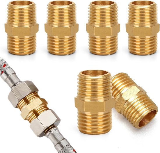 6 Stuks Messing Gaskoppelingen voor 1/4 Inch AG, Dubbele Nippel voor Propaan en Loodgieterswerk, Snelle Aansluiting en Duurzaam Gebruik