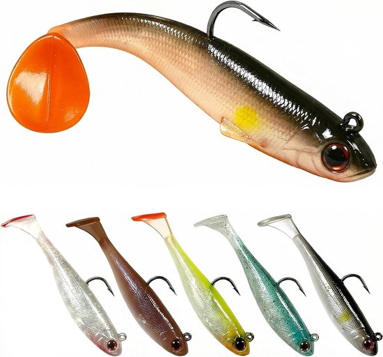 6 stuks Pre-Rigged Zacht Plastic Kunstaas voor Vissen, 9cm Paddle Tail Swimbaits, Jerk Aas voor Bas, Forel en Roodbaars in Zoet- en Zoutwater van Merkloos