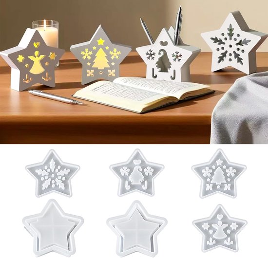 6 stuks siliconen gietvormen, kerst-siliconenvormen, sterhuis, liefde, sneeuwvlok, engel, dwerg, gietvormen, epoxyharsvormen voor zeep