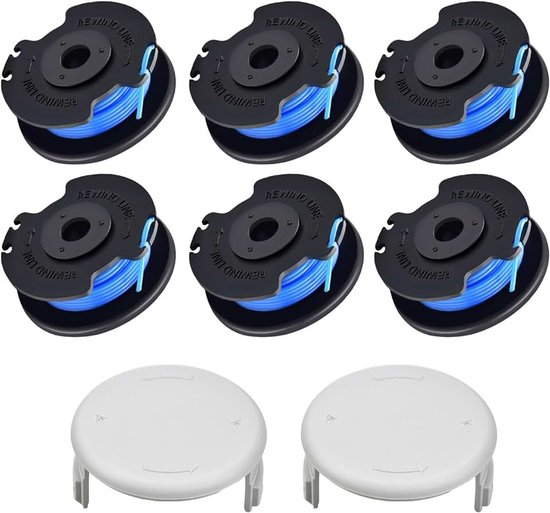 6 stuks vervangende grastrimmer-spoel compatibel met Ryobi One+ RAC124 AC14RL3A, Autofeed nylon lijn voor Ryobi One+ 18V, 24V, 40V, vervangende dop AC14HCA, 1,65 mm x 3,4 m (6 spoel + 2 dop)