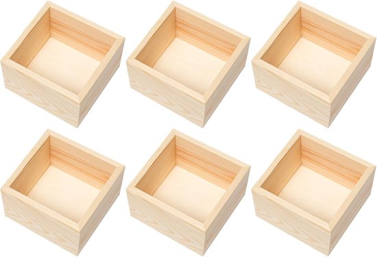 6 stuks vierkante houten kist, zonder deksel, 10 x 10 x 6 cm, kleine