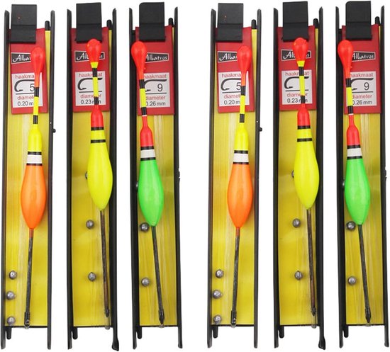 6 stuks visdobber set - houten zwemmers met zinklood, vislijn en vishaken