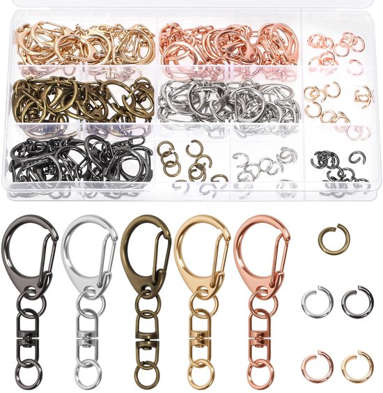 60 stuks 5 kleuren kreeft klauw sluitingen met springringen assortiment kit, zwart/zilver/brons/goud/rose goud draaibare sluitingen Lanyard Snap Hook, D-snap haak sleutelhanger clips voor