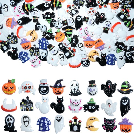 60 stuks miniatuurfiguren voor Halloween, Halloween-figuren van kunsthars, Halloween-decoraties, miniaturen, Halloween-ornament, mini-spoken, pompoen, Magere Hein, heks voor decoraties