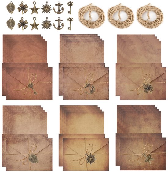 60 stuks papieren enveloppen, set briefpapier, vintage, met envelop, 24 briefpapier, A5, 12 enveloppen, retro, 12 metalen hangers, 12 jute touw, antiek kraftpapier voor groeten