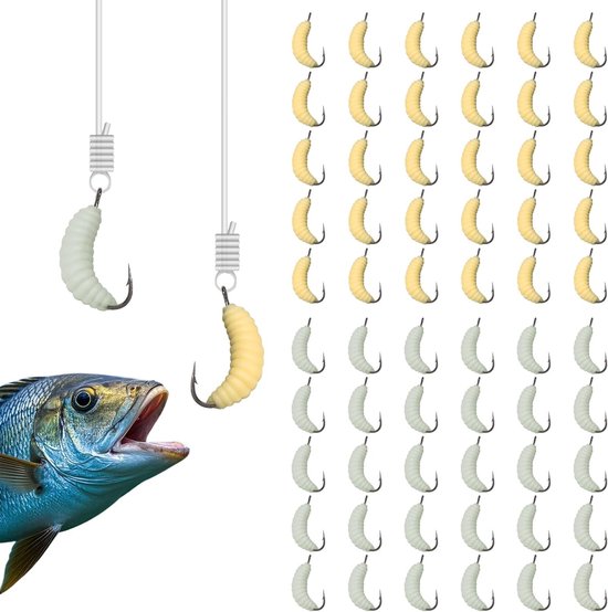 60 Stuks Rubber Maden Vissersaas met Haken - 30 Normale en 30 Luminescerende Glow Worms voor Forel, Snoek en Karper Hengelen van Merkloos