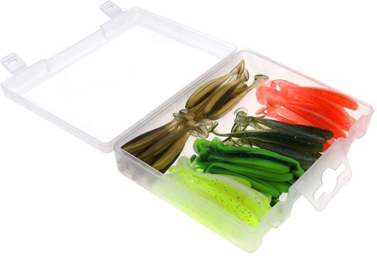 60 stuks visaas, zacht, geurig, set met opbergdoos, 5 kleuren, siliconen, voor baars, forel, makreel, laag, 60 stuks van Merkloos