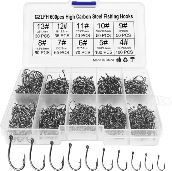600 Stuks Carbon Stalen Vissen Haken Set met 10 Maten, Ideaal voor Zoet- en Zoutwater Vissen, Inclusief Plastic Opbergdoos en Barbed Eyelets