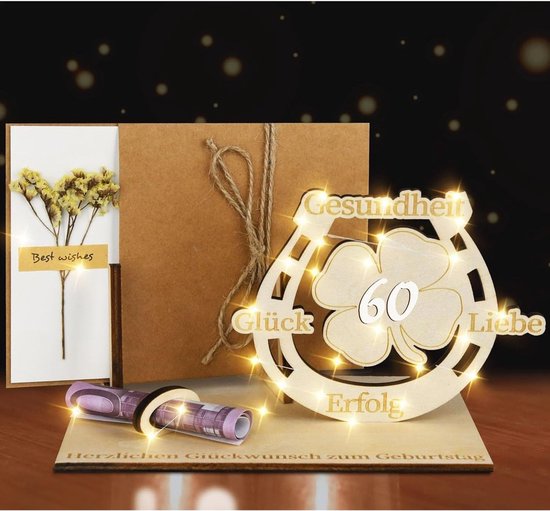 60e verjaardag vrouw man, 60 geldgeschenken verjaardag voor vrouw man, led klaverblad geluk 60e verjaardag geschenken, cadeaus voor 60e verjaardag, decoratie houten gastenboek (40)