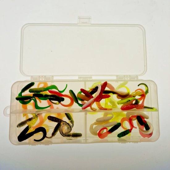 60x Twister enkel 4cm - 1,6 inch assortiment C in diverse kleuren uit Amerika in een dubbelzijdige tackle box van Berkley
