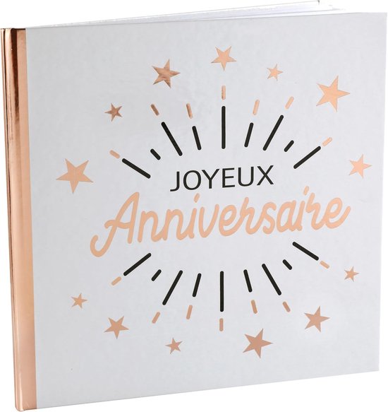 6651-20 gastenboek "Joyeux Anniversaire", wit/roze/goudkleurig